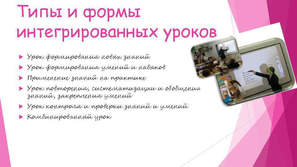 Типы и формы интегрированных уроков Урок формирования новых знаний Урок формирования умений и навыков