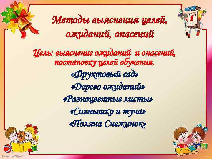 Методы выяснения целей, ожиданий, опасений Цель: выяснение ожиданий и опасений, постановку целей обучения. «Фруктовый