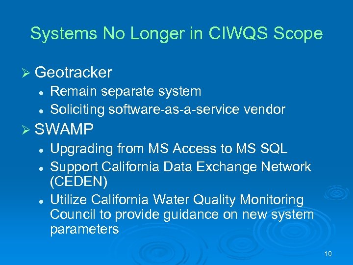 Systems No Longer in CIWQS Scope Ø Geotracker l l Remain separate system Soliciting