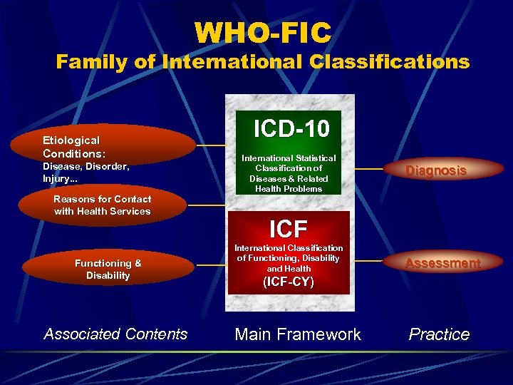 WHO-FIC Family of International Classifications Etiological Conditions: Disease, Disorder, Injury. . . Reasons for