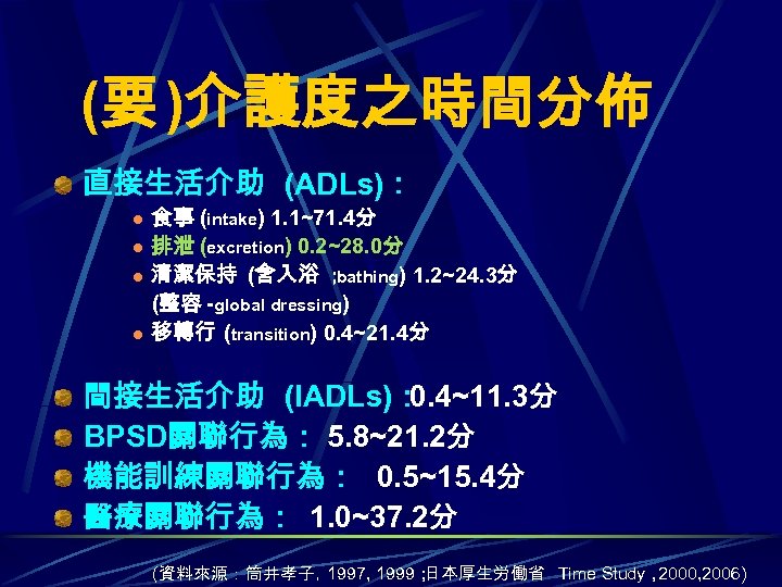 (要 )介護度之時間分佈 直接生活介助 (ADLs)： l l 食事 (intake) 1. 1~71. 4分 排泄 (excretion) 0.