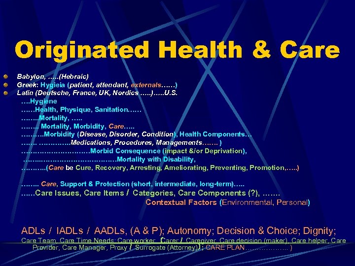 Originated Health & Care Babylon, …. . (Hebraic) Greek: Hygieia (patient, attendant, externals……) Latin