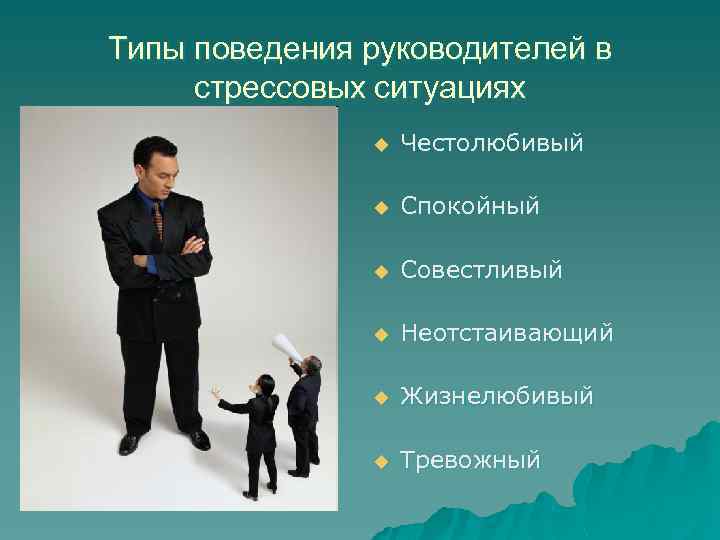Типы поведения руководителей в стрессовых ситуациях u Честолюбивый u Спокойный u Совестливый u Неотстаивающий