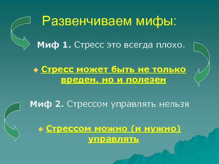 Развенчиваем мифы: Миф 1. Стресс это всегда плохо. u Стресс может быть не только