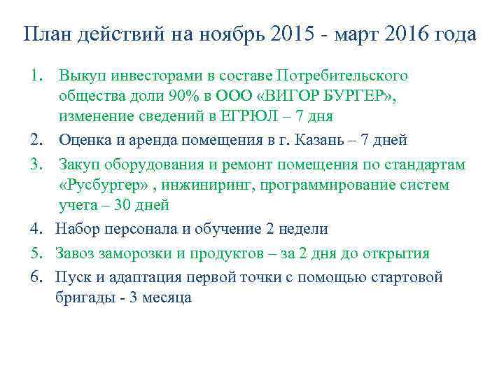 План действий на ноябрь 2015 - март 2016 года 1. Выкуп инвесторами в составе