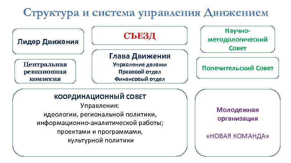 Структура и система управления Движением Лидер Движения СЪЕЗД Глава Движения Центральная ревизионная комиссия Управление