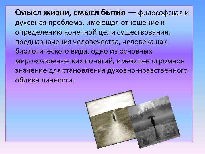 Смысл жизни, смысл бытия — философская и духовная проблема, имеющая отношение к определению конечной