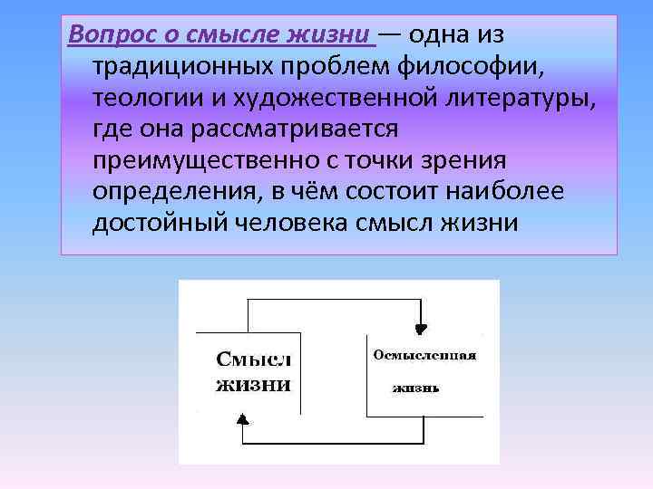 Вопрос о смысле жизни — одна из традиционных проблем философии, теологии и художественной литературы,