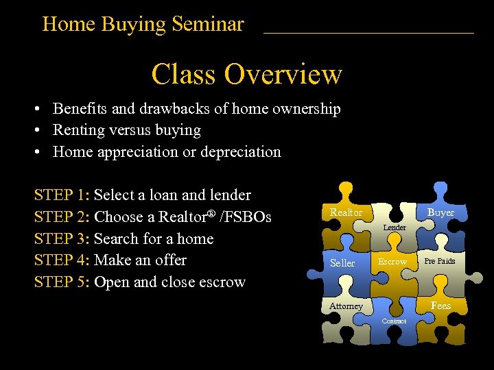 Home Buying Seminar Class Overview • Benefits and drawbacks of home ownership • Renting