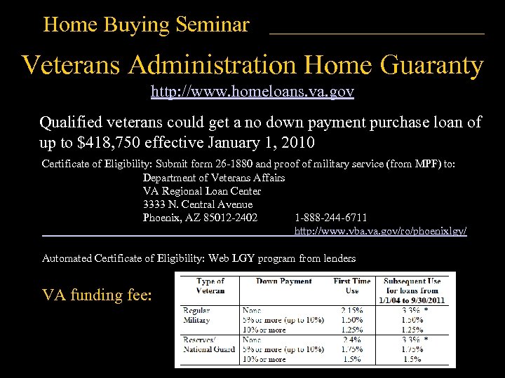 Home Buying Seminar Veterans Administration Home Guaranty http: //www. homeloans. va. gov Qualified veterans