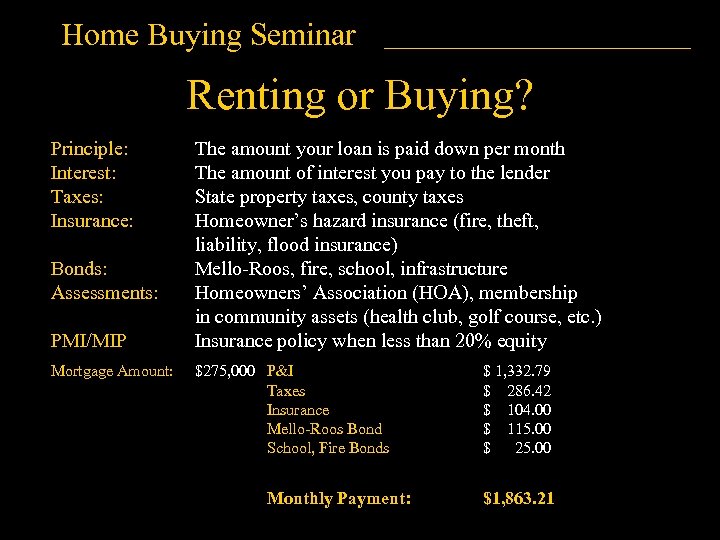 Home Buying Seminar Renting or Buying? Principle: Interest: Taxes: Insurance: Bonds: Assessments: PMI/MIP Mortgage