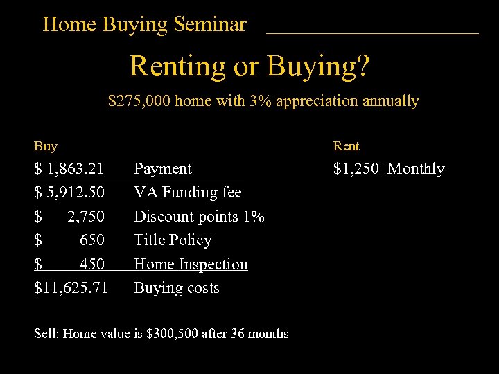 Home Buying Seminar Renting or Buying? $275, 000 home with 3% appreciation annually Buy