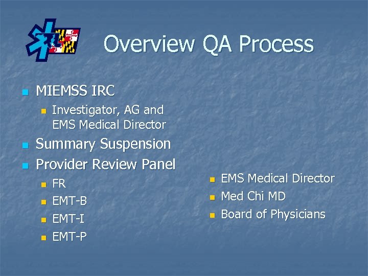 Overview QA Process n MIEMSS IRC n n n Investigator, AG and EMS Medical