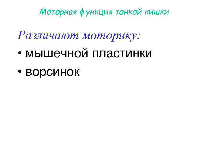 Моторная функция тонкой кишки Различают моторику: • мышечной пластинки • ворсинок 