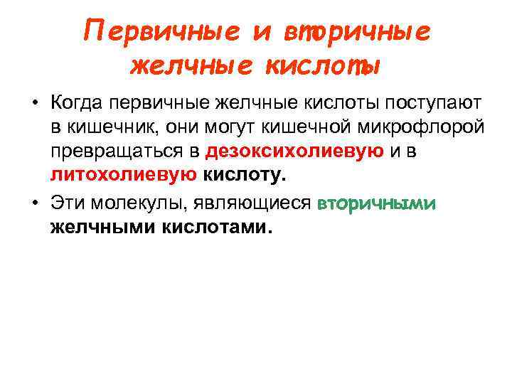 Первичные и вторичные желчные кислоты • Когда первичные желчные кислоты поступают в кишечник, они