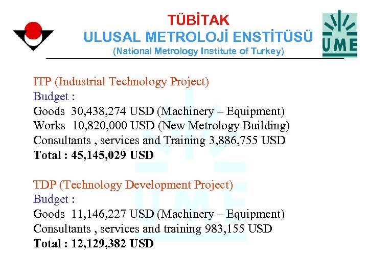 TÜBİTAK ULUSAL METROLOJİ ENSTİTÜSÜ (National Metrology Institute of Turkey) ITP (Industrial Technology Project) Budget