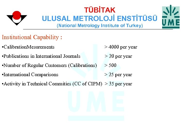 TÜBİTAK ULUSAL METROLOJİ ENSTİTÜSÜ (National Metrology Institute of Turkey) Institutional Capability : • Calibration.