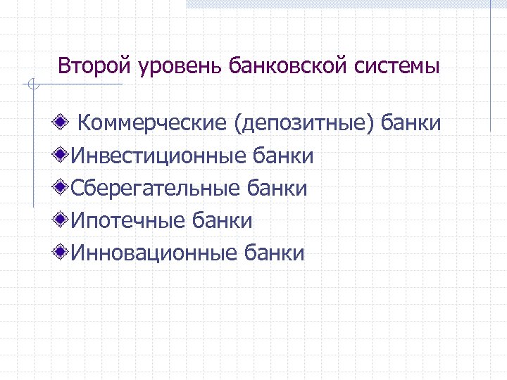 Второй уровень банковской системы Коммерческие (депозитные) банки Инвестиционные банки Сберегательные банки Ипотечные банки Инновационные