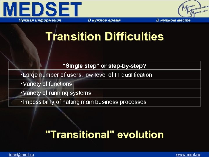 MEDSET Нужная информация В нужное время В нужном месте Transition Difficulties 