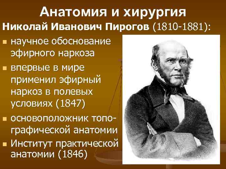 Анатомия и хирургия Николай Иванович Пирогов (1810 -1881): n научное обоснование эфирного наркоза n