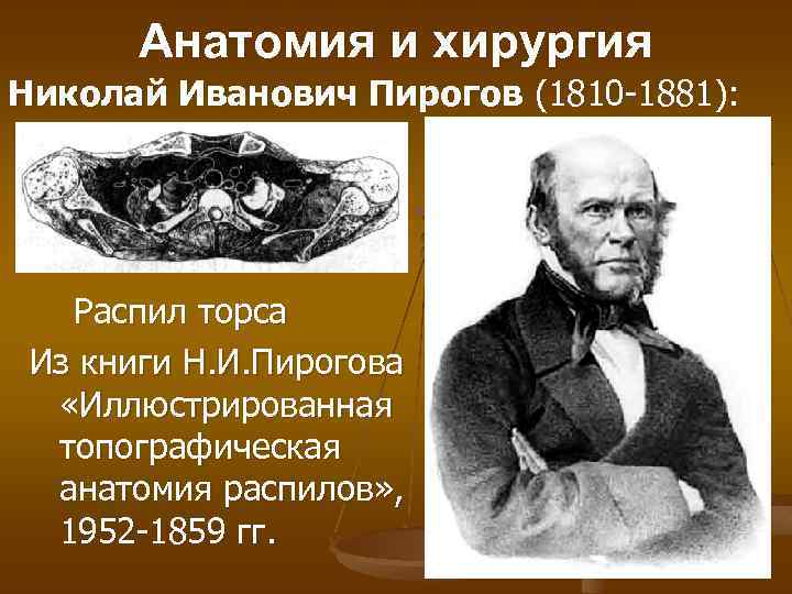 Анатомия и хирургия Николай Иванович Пирогов (1810 -1881): Распил торса Из книги Н. И.