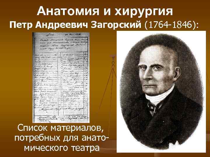 Анатомия и хирургия Петр Андреевич Загорский (1764 -1846): Список материалов, потребных для анатомического театра