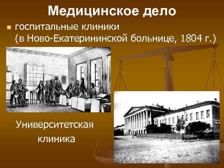 Медицинское дело n госпитальные клиники (в Ново-Екатерининской больнице, 1804 г. ) Университетская клиника 