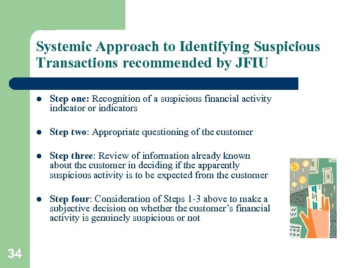 Systemic Approach to Identifying Suspicious Transactions recommended by JFIU l l Step two: Appropriate