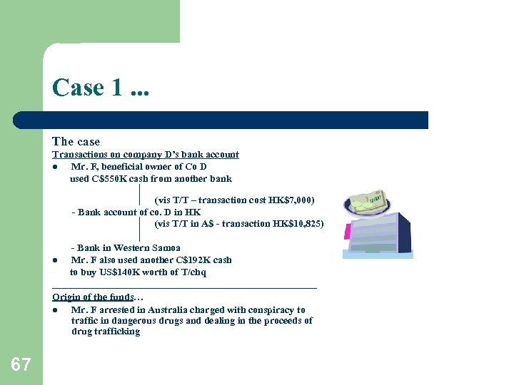 Case 1. . . The case Transactions on company D’s bank account l Mr.