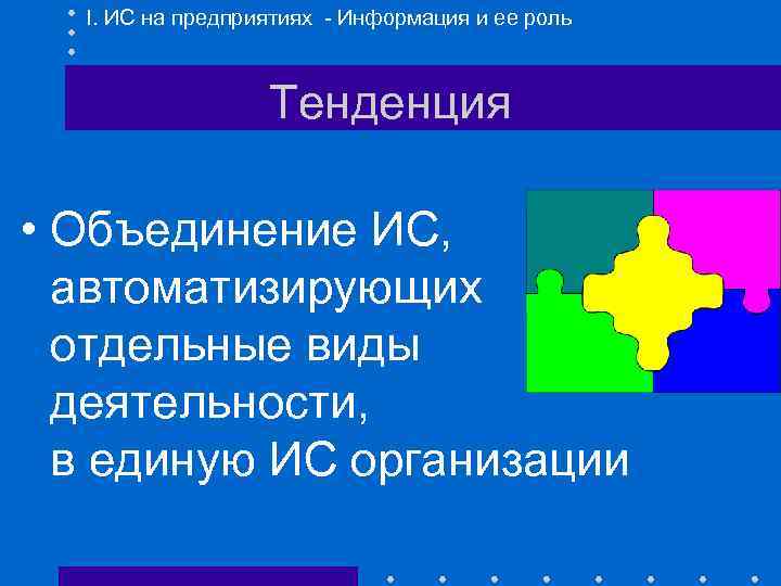 I. ИС на предприятиях - Информация и ее роль Тенденция • Объединение ИС, автоматизирующих