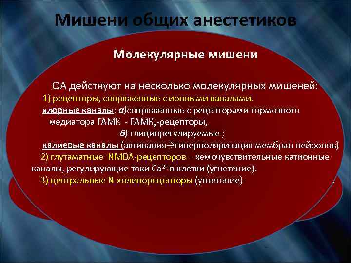 Мишени общих анестетиков Молекулярные мишени Анатомические мишени ОА действуют на несколько молекулярных мишеней: 1)