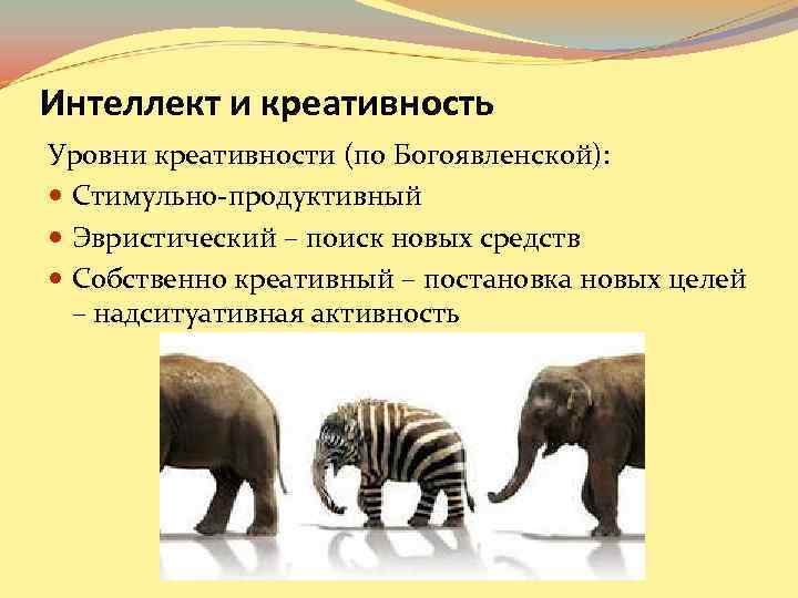 Интеллект и креативность Уровни креативности (по Богоявленской): Стимульно-продуктивный Эвристический – поиск новых средств Собственно