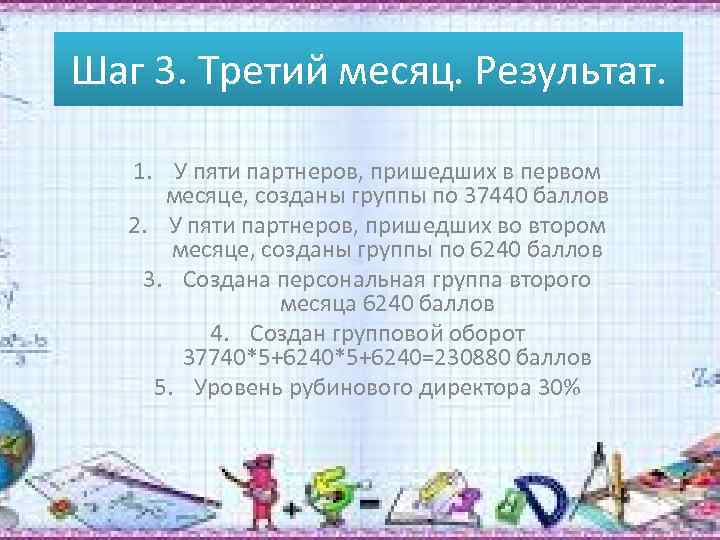 Шаг 3. Третий месяц. Результат. 1. У пяти партнеров, пришедших в первом месяце, созданы