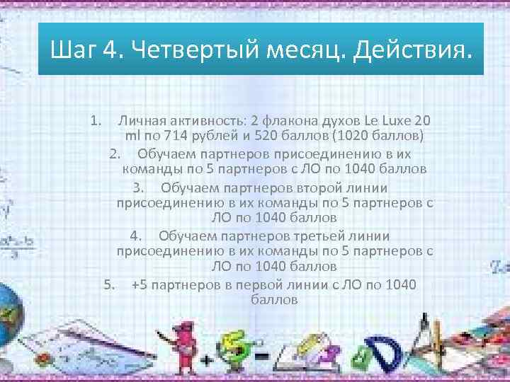 Шаг 4. Четвертый месяц. Действия. 1. Личная активность: 2 флакона духов Le Luxe 20