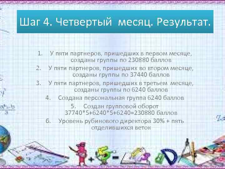 Шаг 4. Четвертый месяц. Результат. 1. У пяти партнеров, пришедших в первом месяце, созданы