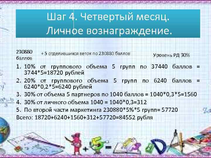 Шаг 4. Четвертый месяц. Личное вознаграждение. 230880 баллов + 5 отделившихся веток по 230880