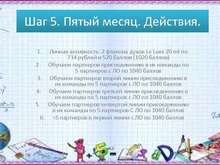 Шаг 5. Пятый месяц. Действия. 1. Личная активность: 2 флакона духов Le Luxe 20