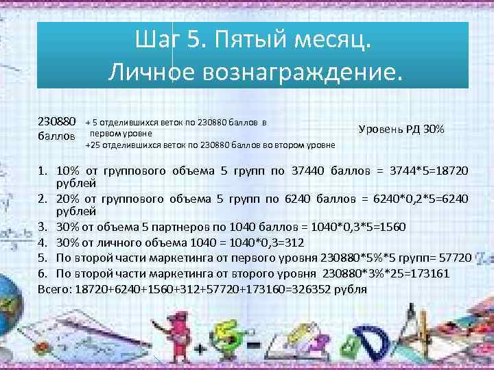 Шаг 5. Пятый месяц. Личное вознаграждение. 230880 баллов + 5 отделившихся веток по 230880