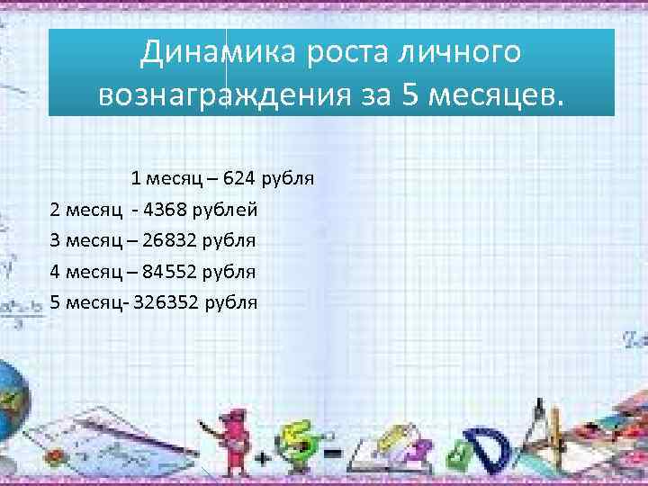 Динамика роста личного вознаграждения за 5 месяцев. 1 месяц – 624 рубля 2 месяц