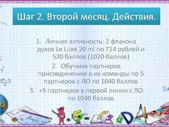 Шаг 2. Второй месяц. Действия. 1. Личная активность: 2 флакона духов Le Luxe 20