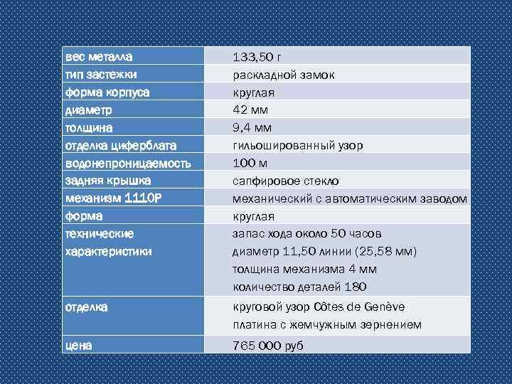 вес металла тип застежки форма корпуса диаметр толщина отделка циферблата водонепроницаемость задняя крышка механизм