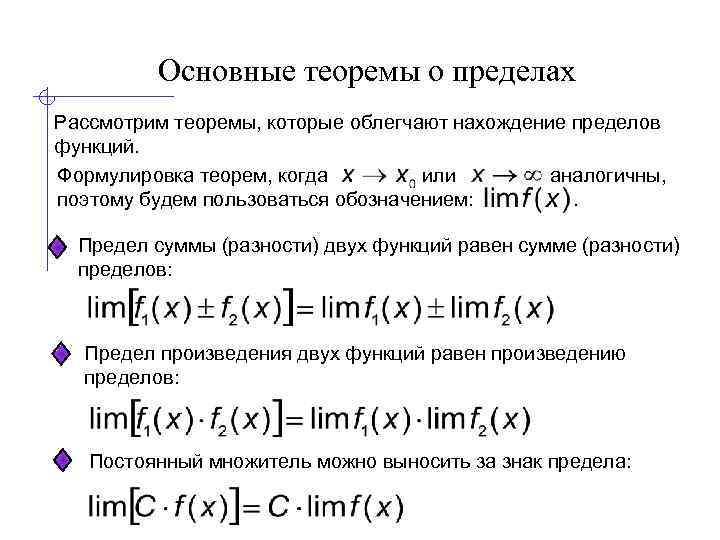 Основные теоремы о пределах Рассмотрим теоремы, которые облегчают нахождение пределов функций. Формулировка теорем, когда