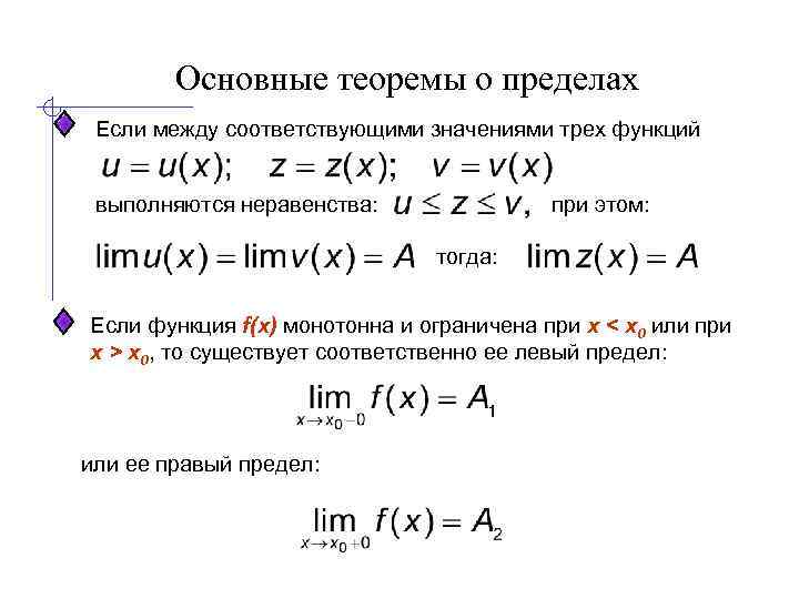 Основные теоремы о пределах Если между соответствующими значениями трех функций выполняются неравенства: при этом: