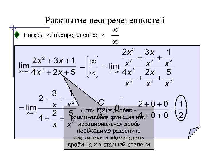 Раскрытие неопределенностей Раскрытие неопределенности Если f(x) – дробно – рациональная функция или иррациональная дробь