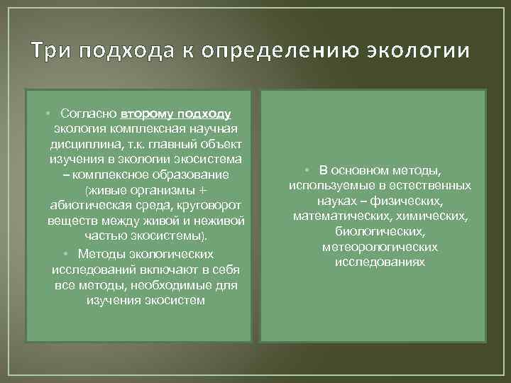 Три подхода к определению экологии • Согласно второму подходу экология комплексная научная дисциплина, т.