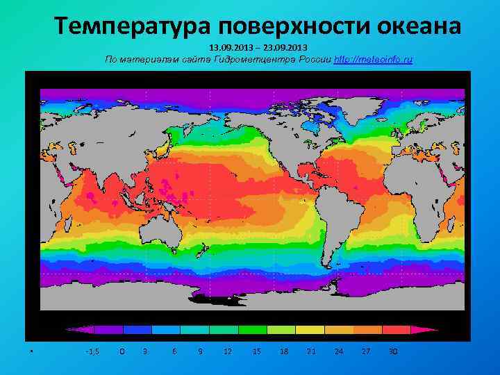 Температура поверхности океана 13. 09. 2013 – 23. 09. 2013 По материалам сайта Гидрометцентра