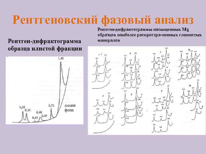 Рентгеновский фазовый анализ Рентген-дифрактограмма образца илистой фракции Рентген-дифрактограммы насыщенных Mg образцов наиболее распростра-ненных глинистых