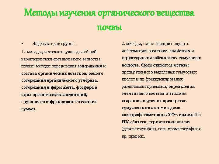 Методы изучения органического вещества почвы • Выделяют две группы. 2. методы, позволяющие получить 1.