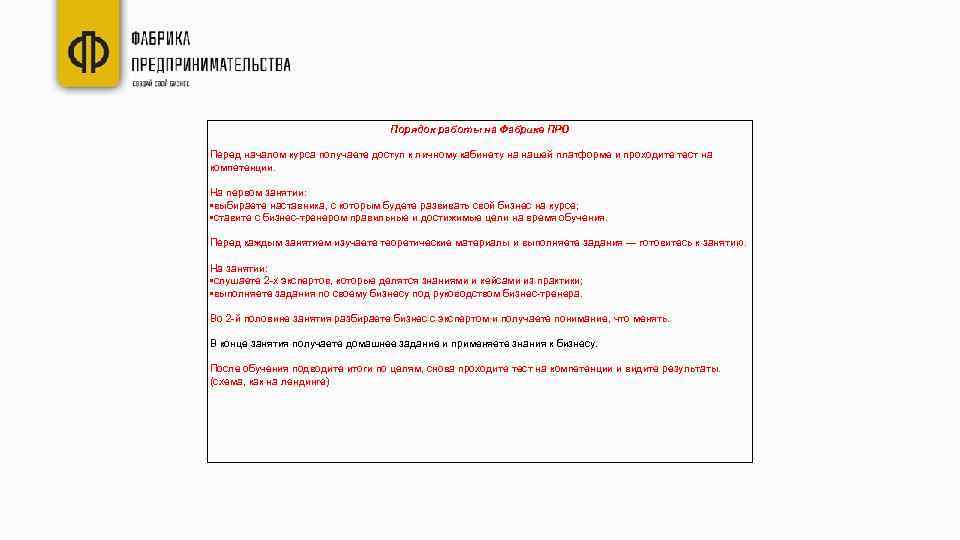 Порядок работы на Фабрике ПРО Перед началом курса получаете доступ к личному кабинету на