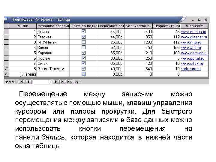 Перемещение между записями можно осуществлять с помощью мыши, клавиш управления курсором или полосы прокрутки.